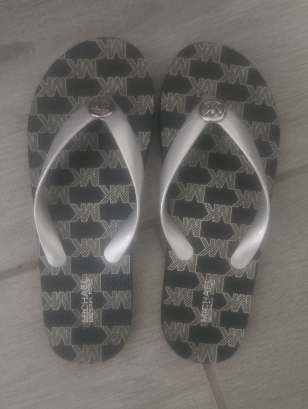 Michael Kors Black Logo-Print Flip Flops with Silver Straps